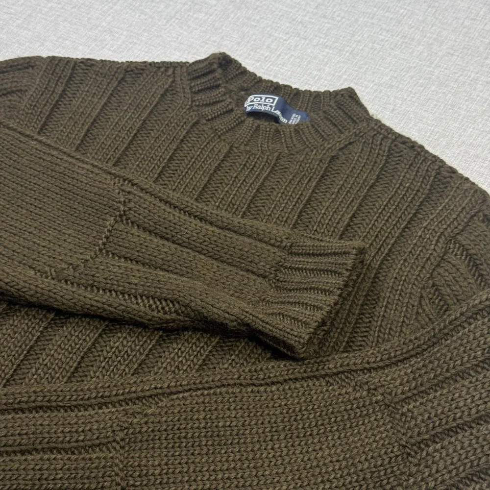 Polo Ralph Lauren Vintage Wool Ribbed Fisherman Sweater Mens Large Green Brown